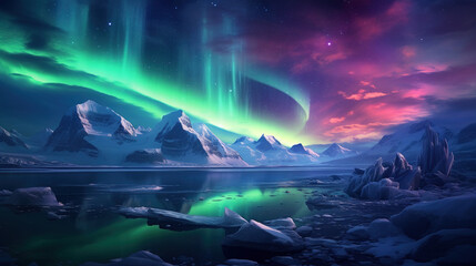 Northern Lights Above Arctic Landscape: Description: An enchanting view of the Northern Lights dancing across the Arctic sky, illuminating the vast, snowy landscape below.