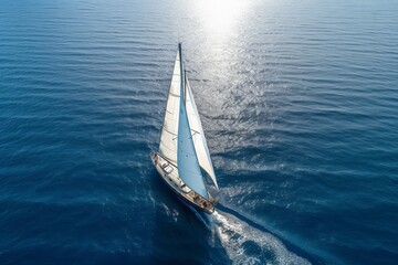 Aerial view of big sailboat on ocean
