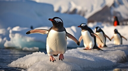 Gentoo Penguins on Icy Shores: Description: The image showcases a group of Gentoo penguins waddling on icy shores.
