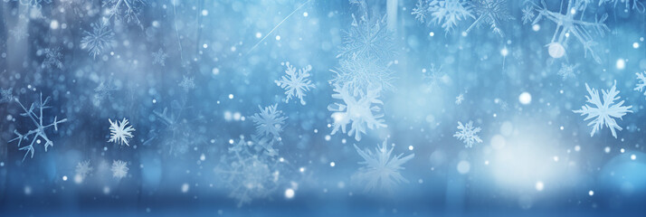 Christmas macro snowflakes on a frozen window background banner