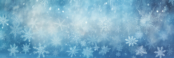 Christmas macro snowflakes on a frozen window background banner