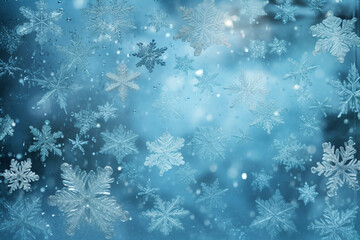Christmas macro snowflakes on a frozen window background