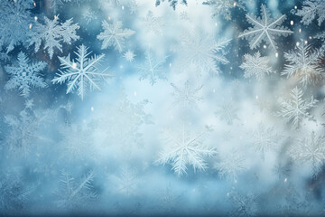 Fototapeta na wymiar Christmas macro snowflakes on a frozen window background