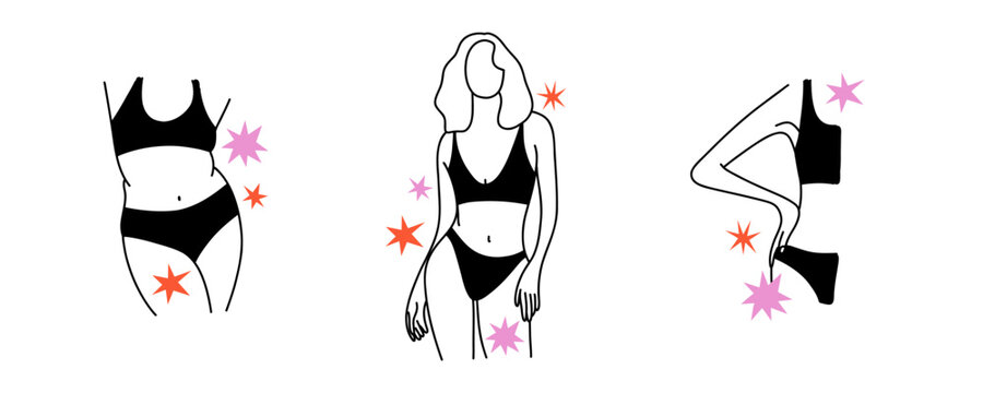 Woman parts. Female outline body in swimsuit or underwear elements. Hand drawn black and white minimal illustration. Sexy skin and plus size female characters in bra and panties, vector isolated set