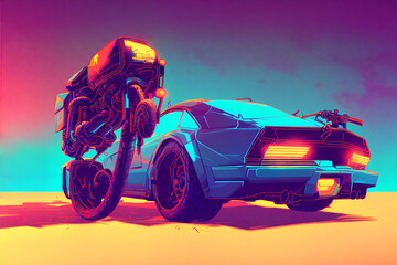 Obraz na płótnie Canvas Digital drawing of a car in the desert, cyberpunk design and colors