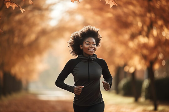 Black Woman Jogging In An Autumn Park