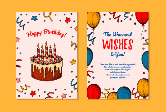 Two sides Birthday vertical greeting card. Design with hand drawn elements. Celebration invitation template. Vector illustration in sketch style. Festive kids colorful poster