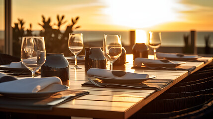 Sunset behind placesettings on luxury patio dining table