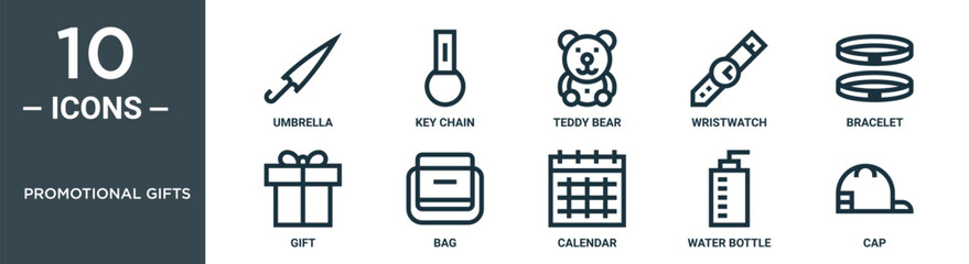 promotional gifts outline icon set includes thin line umbrella, key chain, teddy bear, wristwatch, bracelet, gift, bag icons for report, presentation, diagram, web design