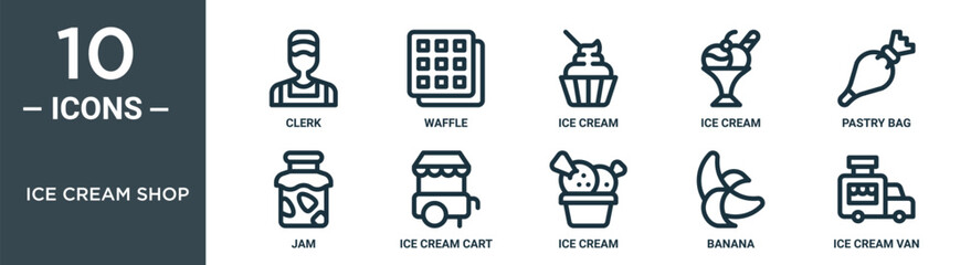 ice cream shop outline icon set includes thin line clerk, waffle, ice cream, ice cream, pastry bag, jam, cart icons for report, presentation, diagram, web design