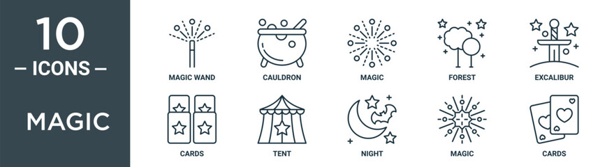 magic outline icon set includes thin line magic wand, cauldron, magic, forest, excalibur, cards, tent icons for report, presentation, diagram, web design