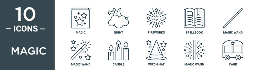 magic outline icon set includes thin line magic, night, fireworks, spellbook, magic wand, wand, candle icons for report, presentation, diagram, web design
