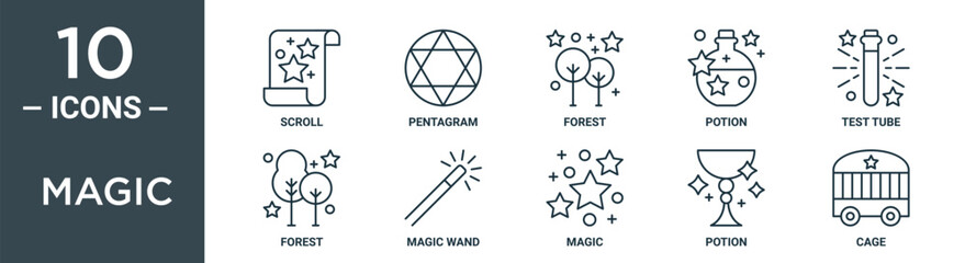 magic outline icon set includes thin line scroll, pentagram, forest, potion, test tube, forest, magic wand icons for report, presentation, diagram, web design