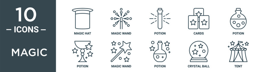 magic outline icon set includes thin line magic hat, magic wand, potion, cards, potion, potion, wand icons for report, presentation, diagram, web design