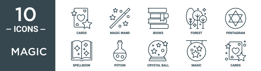 magic outline icon set includes thin line cards, magic wand, books, forest, pentagram, spellbook, potion icons for report, presentation, diagram, web design