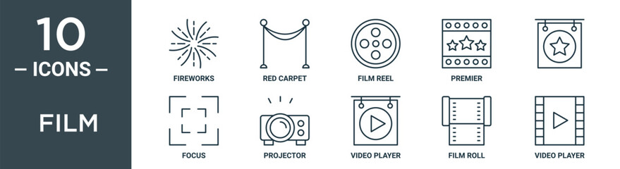 film outline icon set includes thin line fireworks, red carpet, film reel, premier, , focus, projector icons for report, presentation, diagram, web design