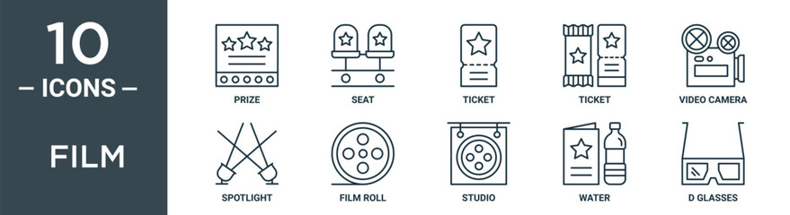 Obraz premium film outline icon set includes thin line prize, seat, ticket, ticket, video camera, spotlight, film roll icons for report, presentation, diagram, web design