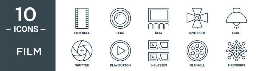 film outline icon set includes thin line film roll, lens, seat, spotlight, light, shutter, play button icons for report, presentation, diagram, web design