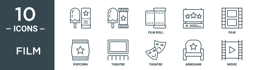 Obraz premium film outline icon set includes thin line , film roll, film, popcorn, theatre icons for report, presentation, diagram, web