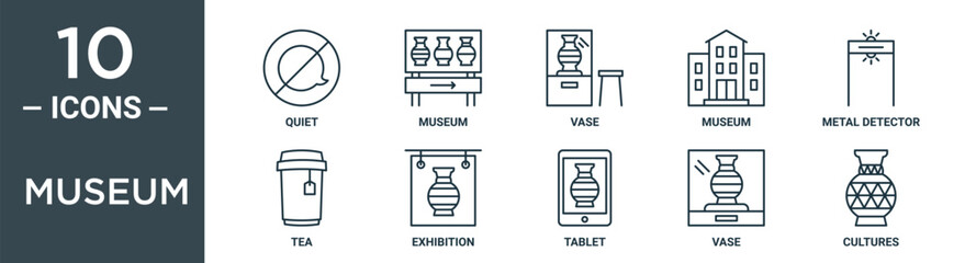 museum outline icon set includes thin line quiet, museum, vase, museum, metal detector, tea, exhibition icons for report, presentation, diagram, web design