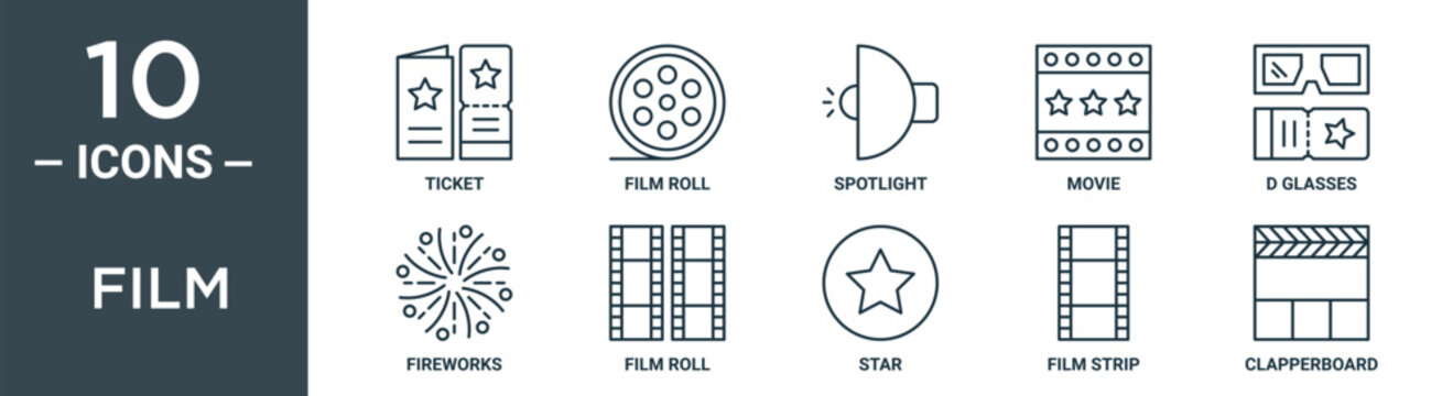film outline icon set includes thin line ticket, film roll, spotlight, movie, d glasses, fireworks, film roll icons for report, presentation, diagram, web design