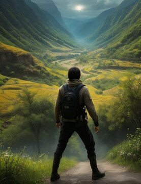 Hiker's Back Turned to Embrace the Mesmerizing Mountains and Enchanting Valley