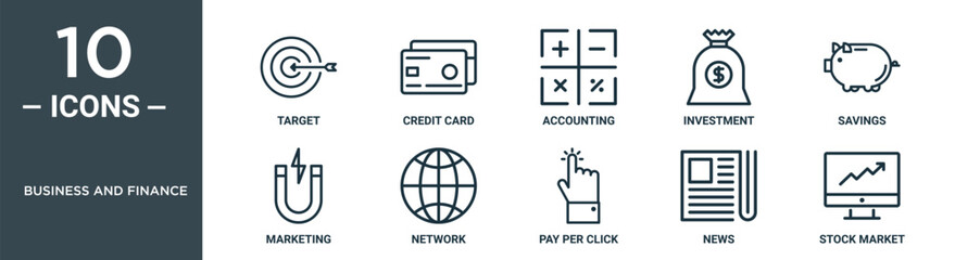 business and finance outline icon set includes thin line target, credit card, accounting, investment, savings, marketing, network icons for report, presentation, diagram, web design