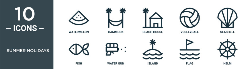 summer holidays outline icon set includes thin line watermelon, hammock, beach house, volleyball, seashell, fish, water gun icons for report, presentation, diagram, web design