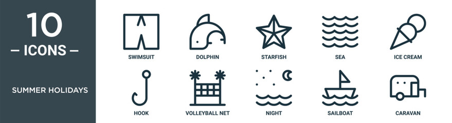 summer holidays outline icon set includes thin line swimsuit, dolphin, starfish, sea, ice cream, hook, volleyball net icons for report, presentation, diagram, web design