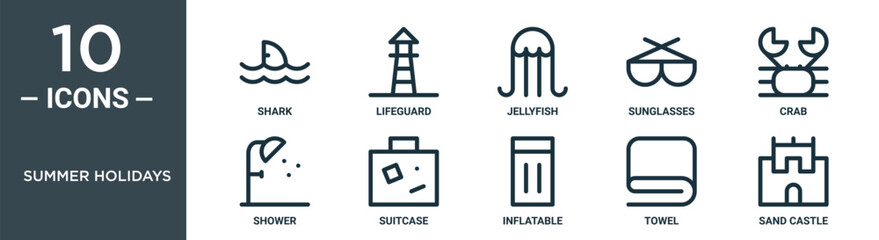 summer holidays outline icon set includes thin line shark, lifeguard, jellyfish, sunglasses, crab, shower, suitcase icons for report, presentation, diagram, web design