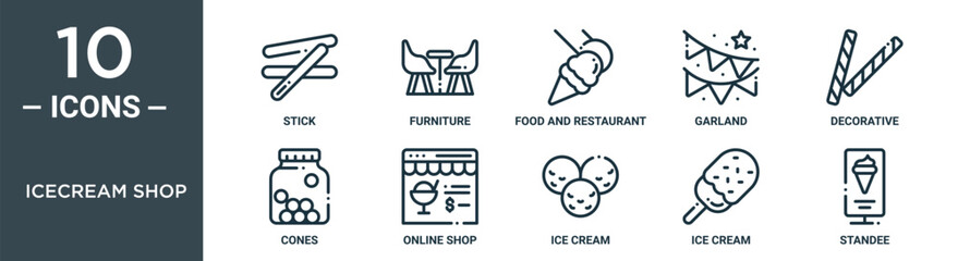 icecream shop outline icon set includes thin line stick, furniture, food and restaurant, garland, decorative, cones, online shop icons for report, presentation, diagram, web design
