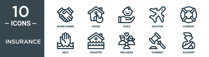 insurance outline icon set includes thin line shake hands, house, child, aviation, lifebuoy, help, disaster icons for report, presentation, diagram, web design