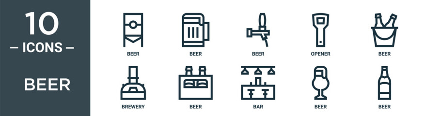 beer outline icon set includes thin line beer, beer, opener, brewery, icons for report, presentation, diagram, web design