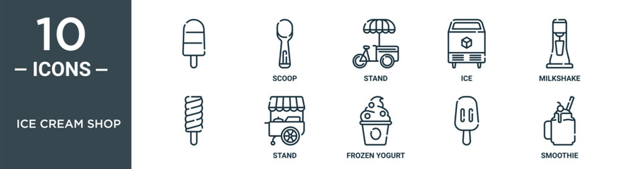 ice cream shop outline icon set includes thin line , scoop, stand, ice, milkshake, stand icons for report, presentation, diagram, web