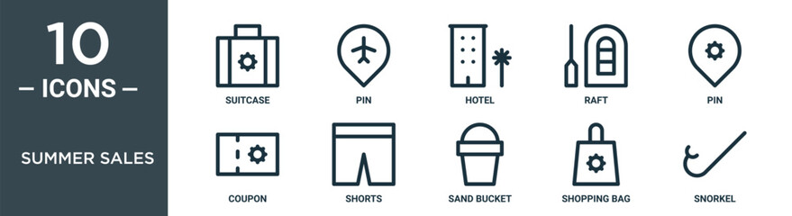 summer sales outline icon set includes thin line suitcase, pin, hotel, raft, pin, coupon, shorts icons for report, presentation, diagram, web design