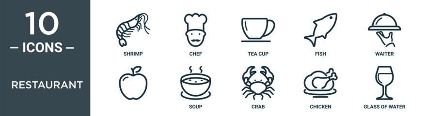 Obraz premium restaurant outline icon set includes thin line shrimp, chef, tea cup, fish, waiter, , soup icons for report, presentation, diagram, web design