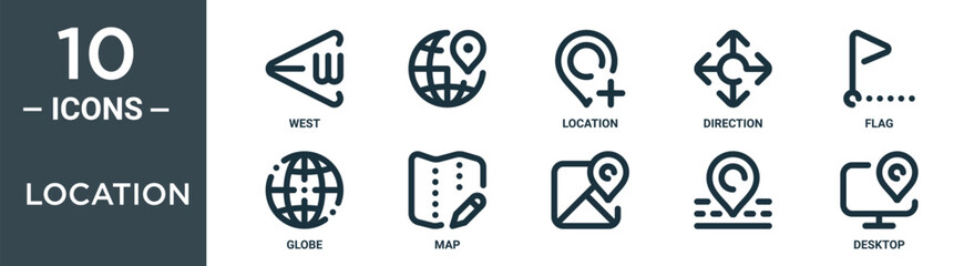 Obraz premium location outline icon set includes thin line west, , location, direction, flag, globe, map icons for report, presentation, diagram, web design