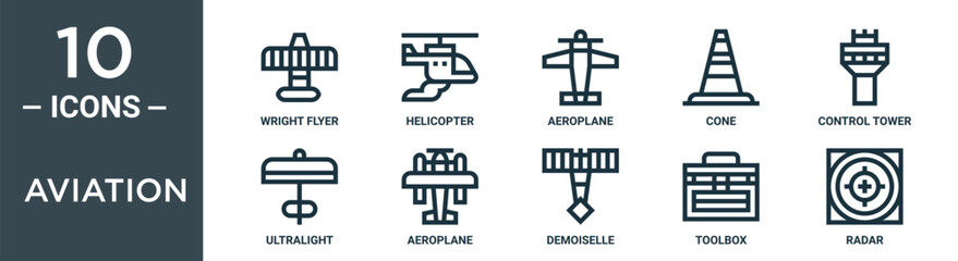 aviation outline icon set includes thin line wright flyer, helicopter, aeroplane, cone, control tower, ultralight, aeroplane icons for report, presentation, diagram, web design