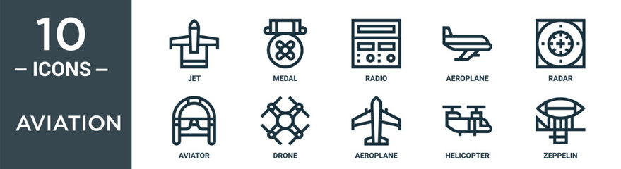 aviation outline icon set includes thin line jet, medal, radio, aeroplane, radar, aviator, drone icons for report, presentation, diagram, web design