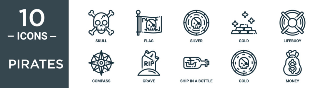 pirates outline icon set includes thin line skull, flag, silver, gold, lifebuoy, compass, grave icons for report, presentation, diagram, web design