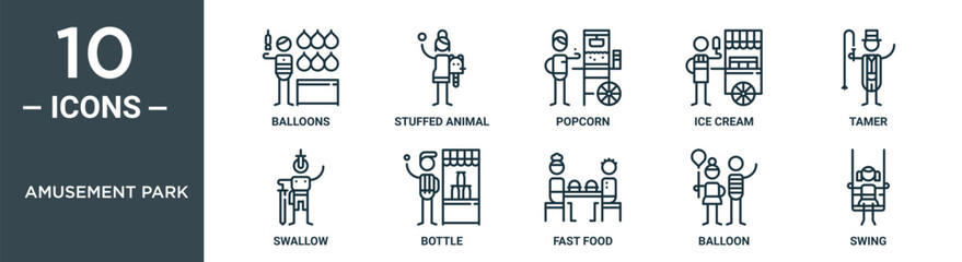 amusement park outline icon set includes thin line balloons, stuffed animal, popcorn, ice cream, tamer, swallow, bottle icons for report, presentation, diagram, web design