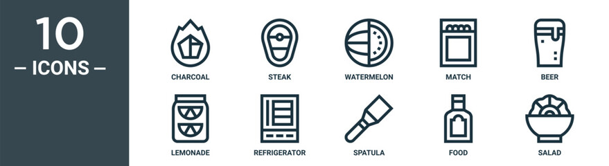 outline icon set includes thin line charcoal, steak, watermelon, match, beer, lemonade, refrigerator icons for report, presentation, diagram, web design