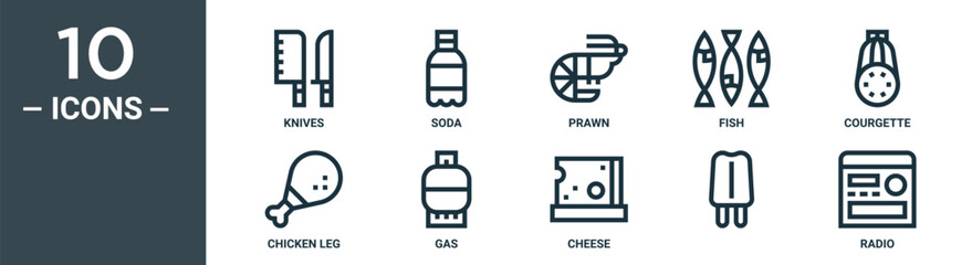 outline icon set includes thin line knives, soda, prawn, fish, courgette, chicken leg, gas icons for report, presentation, diagram, web design