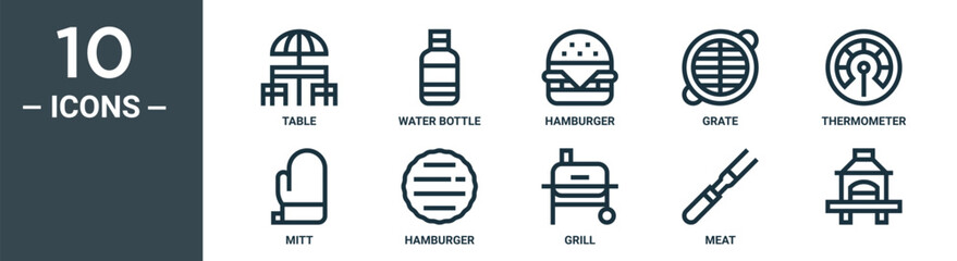outline icon set includes thin line table, water bottle, hamburger, grate, thermometer, mitt, hamburger icons for report, presentation, diagram, web design