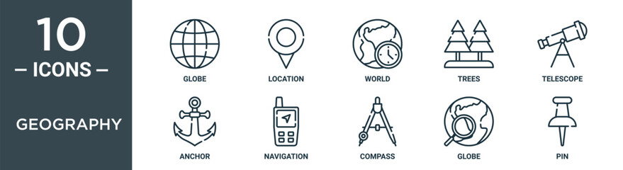 geography outline icon set includes thin line globe, location, world, trees, telescope, anchor, navigation icons for report, presentation, diagram, web design