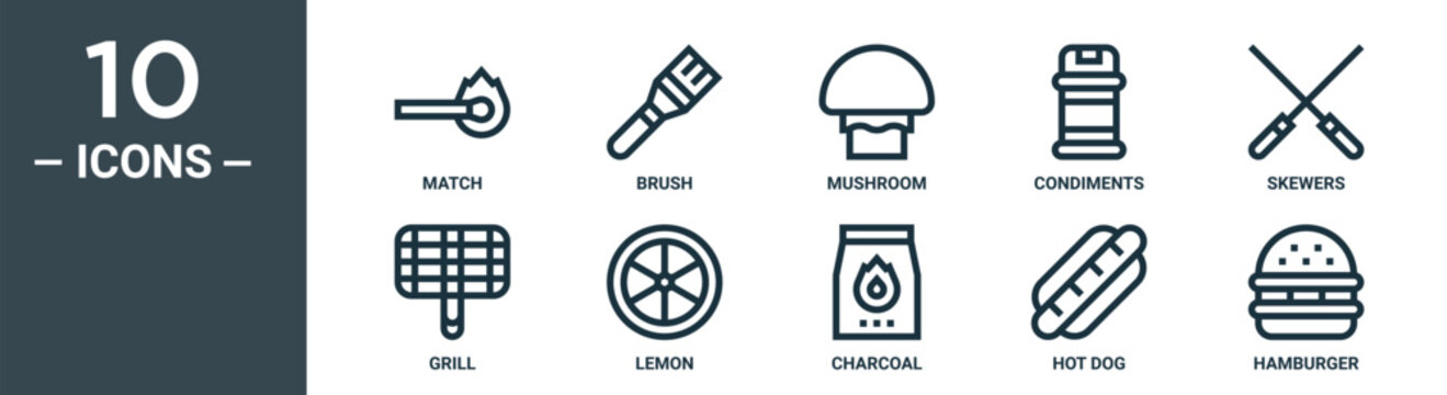 outline icon set includes thin line match, brush, mushroom, condiments, skewers, grill, lemon icons for report, presentation, diagram, web design