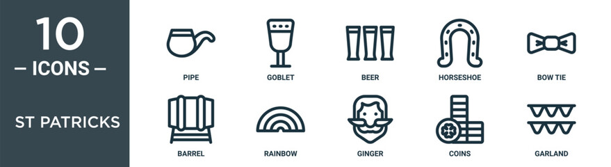 st patricks outline icon set includes thin line pipe, goblet, beer, horseshoe, bow tie, barrel, rainbow icons for report, presentation, diagram, web design