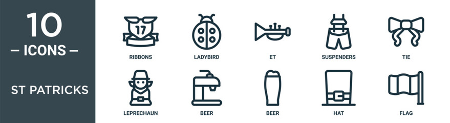 st patricks outline icon set includes thin line ribbons, ladybird, et, suspenders, tie, leprechaun, beer icons for report, presentation, diagram, web design