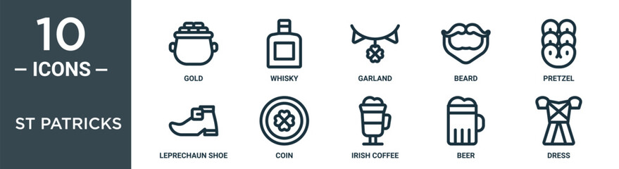 Obraz premium st patricks outline icon set includes thin line gold, whisky, garland, beard, pretzel, leprechaun shoe, coin icons for report, presentation, diagram, web design
