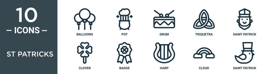st patricks outline icon set includes thin line balloons, pot, drum, triquetra, saint patrick, clover, badge icons for report, presentation, diagram, web design